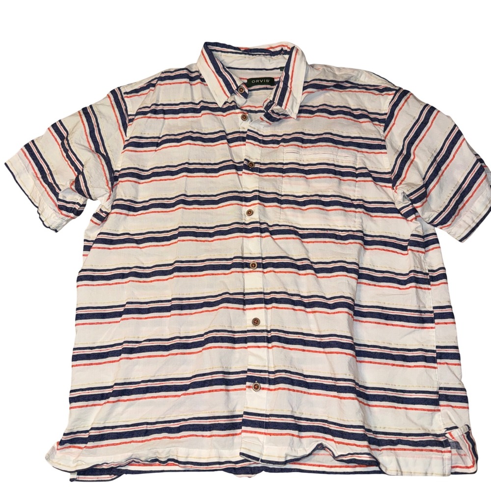 Orvis Button Down Shirt XL White Navy Orange Striped Short Sleeve Cotton Viscose
